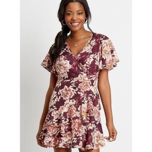 Chance & Destiny Wine Floral Wrap Mini Dress SZ M NEW